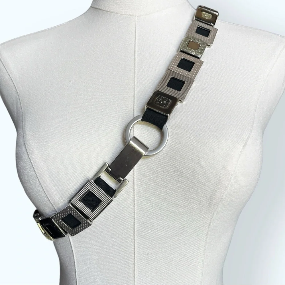 Y2K Metal Geometric Links Belt Carabiner O ring Buckle Stretchy Glitter Silver M